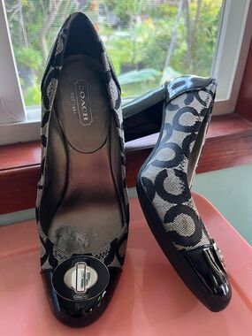 Coach Black Signature Jacquard and Patent Leather Heels